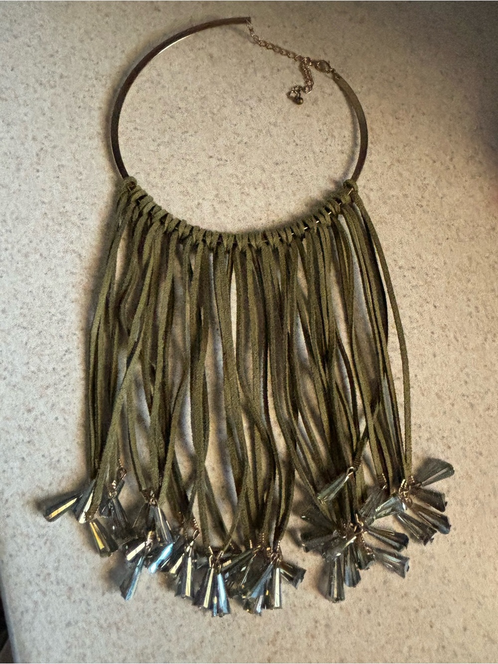 Green Fringe Statement Necklace/Choker with Crystal Tassels